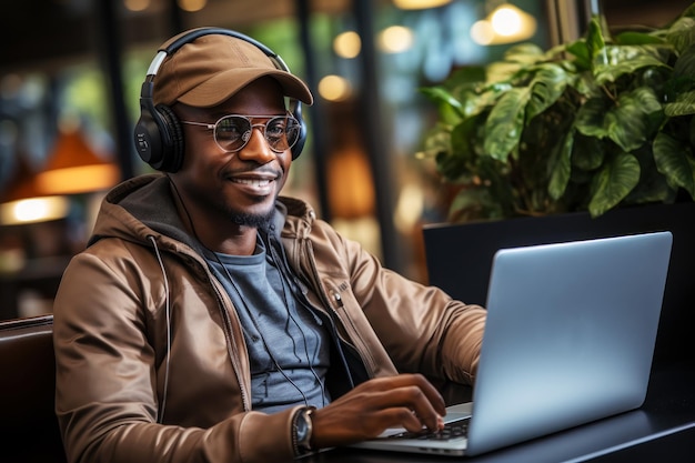 Free photo young guy in casual clothes working in a cafe freelancing or selfemployment