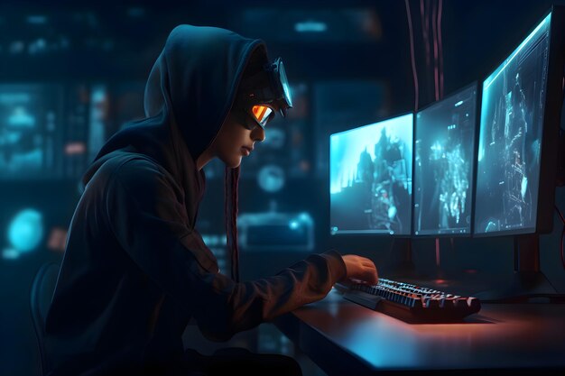 Free photo young hacker in hoodie stealing data from computer cybercrime concept