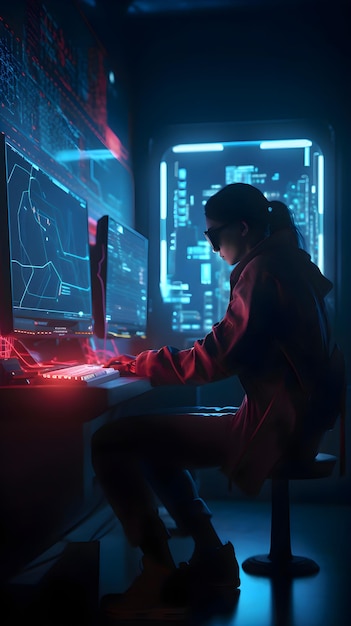 無料写真 暗い部屋でコンピュータを使用するフーディを着た若いハッカー サイバー攻撃コンセプト