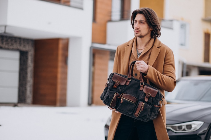 Free Photo young handsome businessman walking out of the house to his car