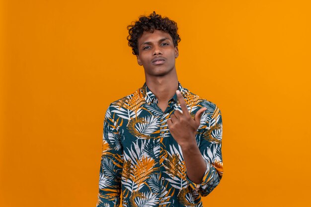 A young handsome dark-skinned man with curly hair in leaves printed shirt with confident expression raising hand 