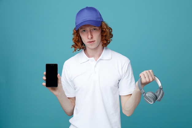 Young handsome guy in cap holding headphones with phone headphones isolated on blue background