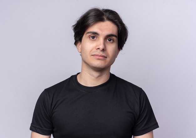 young handsome guy wearing black t-shirt isolated on white wall