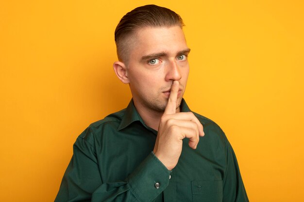 Young handsome man in green shirt with serious face making silence gesture with finger on lips 