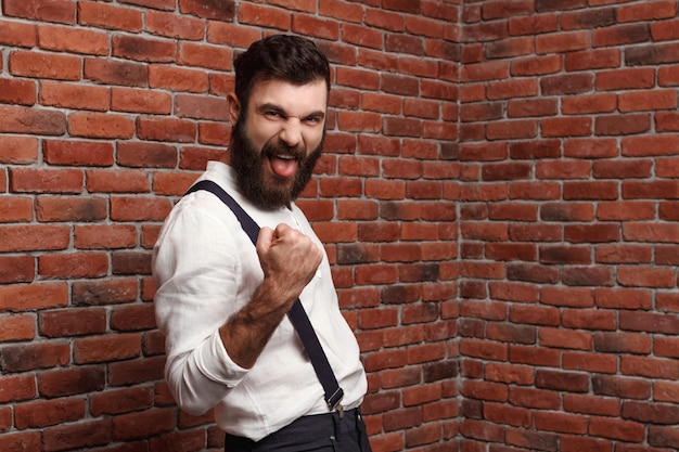 Young handsome man rejoicing posing on brick wall.