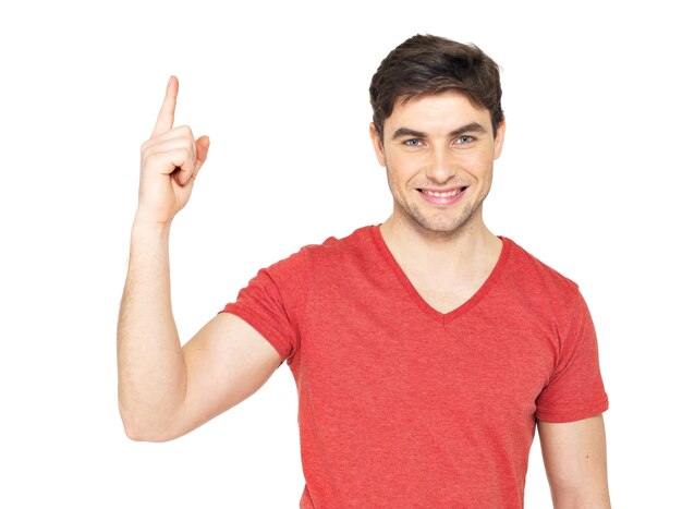 Young happy man with good idea sign  in casuals isolated on white background.