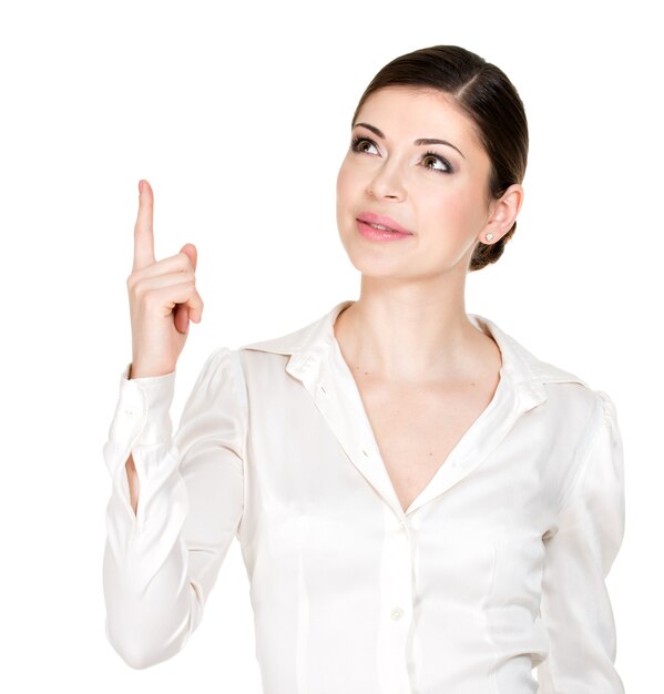 Young happy woman with good idea sign  in white shirt -  .