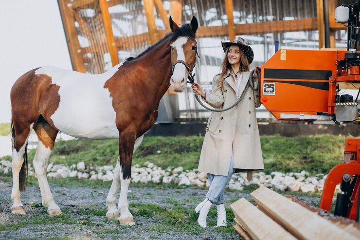 無料Photo 牧場で馬を持つ若い幸せな女
