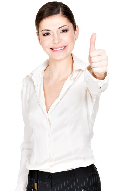 엄지 손가락으로 젊은 행복 한 여자 기호 흰색 사무실 셔츠-.