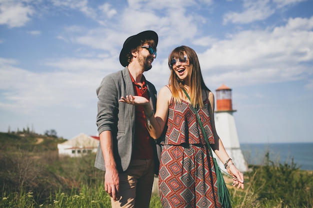 Indie Style Smiling Couple, Woman Embracing Man, Hipster Outfit, Boho Chic  Stock Image - Image of girlfriend, lifestyle: 144883743