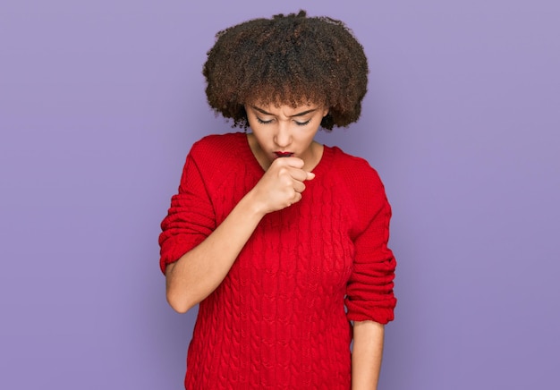 Free photo young hispanic girl wearing casual clothes feeling unwell and coughing as symptom for cold or bronchitis. health care concept.