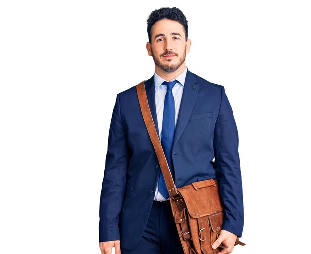 Young hispanic man wearing suit and leather bag thinking attitude and sober expression looking self confident