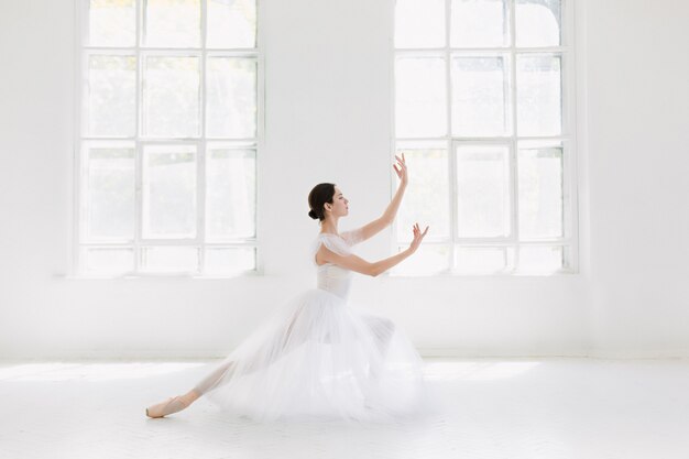 若い、信じられないほど美しいバレリーナが白いスタジオでポーズをとって踊っている