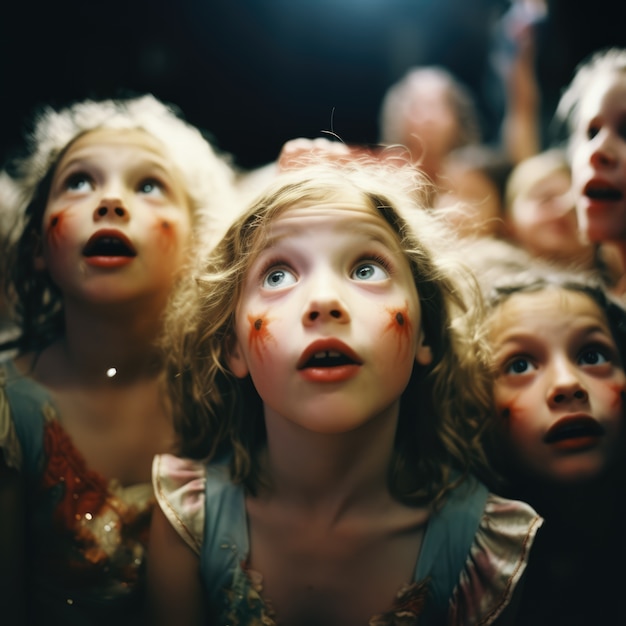 어린 아이 들 이 세계 연극 날 을 축하 하기 위해 연극 무대에서 연극 을 공연 하고 있다