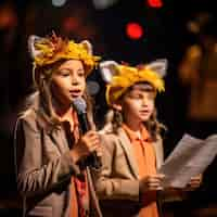 Foto gratuita bambini che recitano su un palcoscenico per celebrare la giornata mondiale del teatro