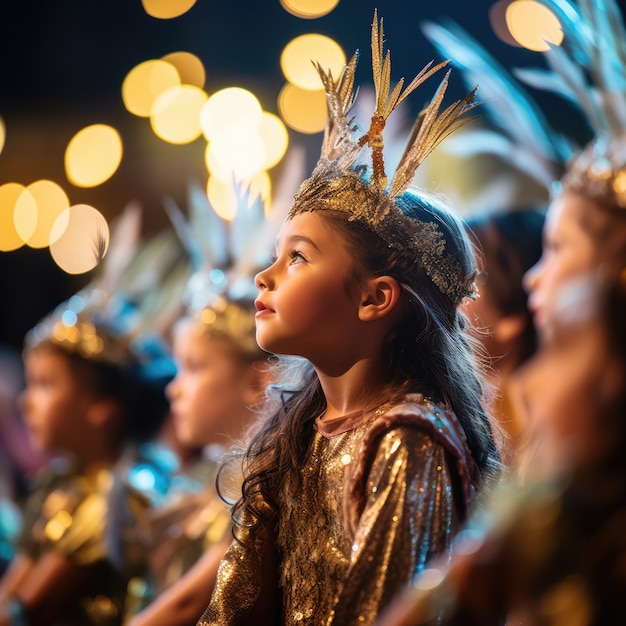 世界劇場デーを祝うために劇場のステージで劇を演じる若い子供たち