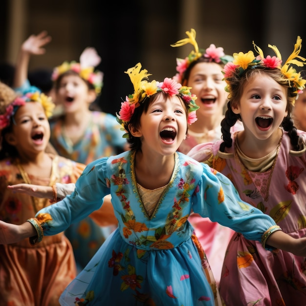 世界劇場デーを祝うために劇場のステージで劇を演じる若い子供たち