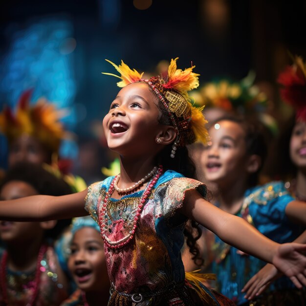 世界劇場デーを祝うために劇場のステージで劇を演じる若い子供たち