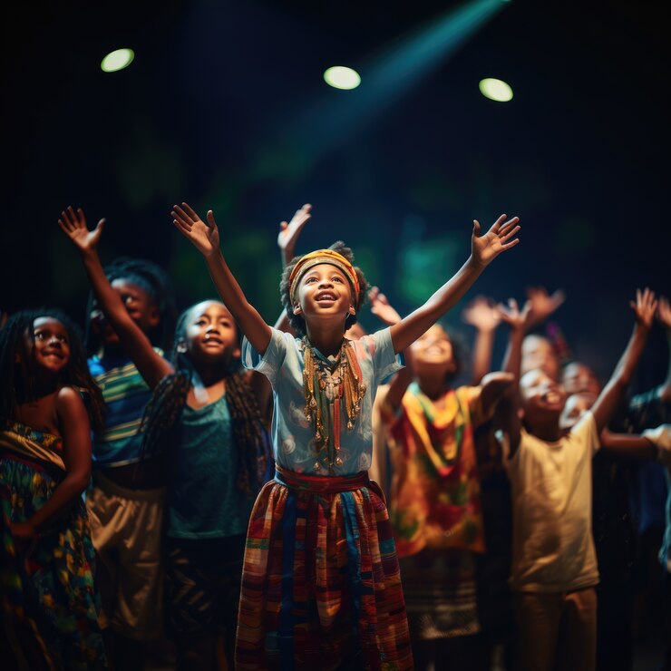 Free Photo young kids performing a play on theatre stage to celebrate world theatre day