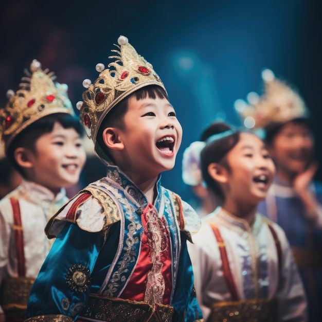 Free photo young kids performing a play on theatre stage to celebrate world theatre day