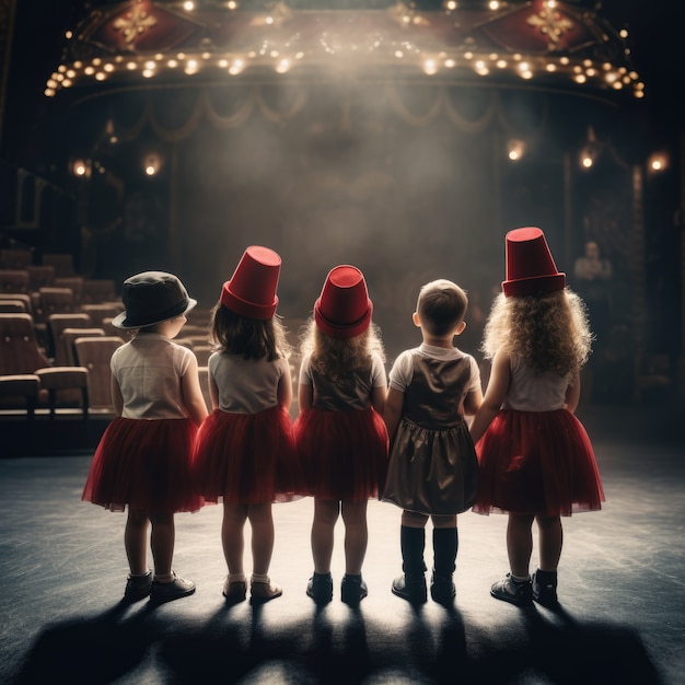 Young kids rehearsing a play to perform on theatre stage