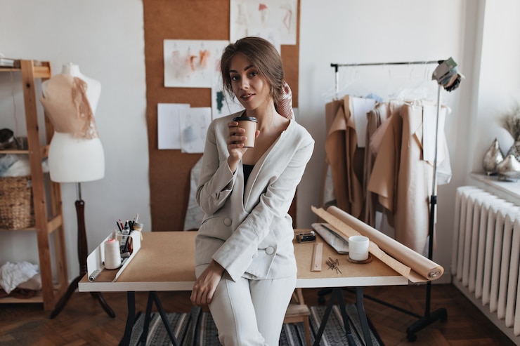 Free Photo young lady drinking coffee at her office