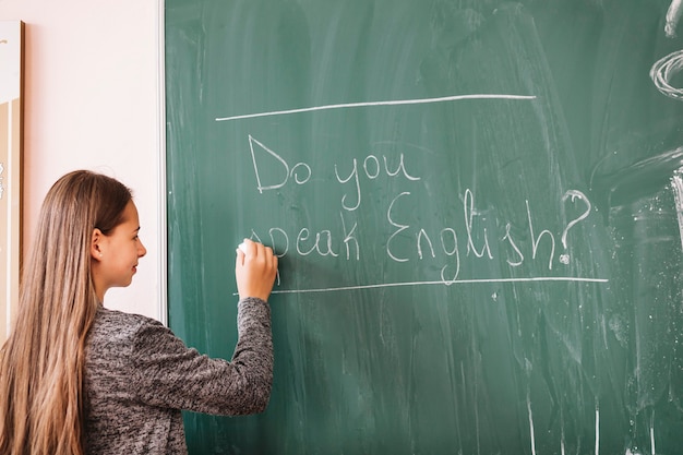 Young lady writing on chalk board 