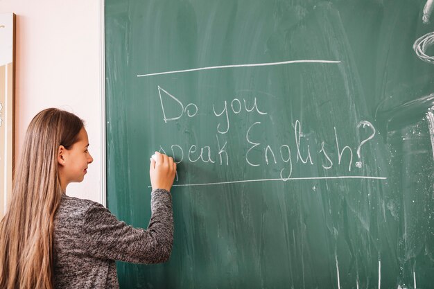 Young lady writing on chalk board 