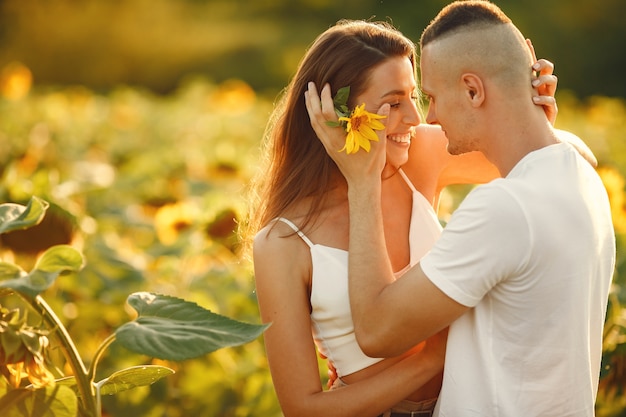 Free photo young loving couple is kissing in a sunflower field. portrait of couple posing in summer in field.