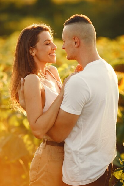 ひまわり畑で若い夫婦がキスします。フィールドで夏にポーズのカップルの肖像画。