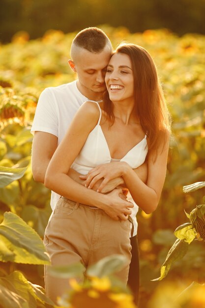 ひまわり畑で若い夫婦がキスします。フィールドで夏にポーズのカップルの肖像画。