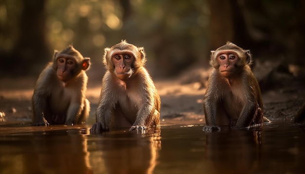 AI가 생성한 반사광으로 물가에 앉아 있는 어린 원숭이