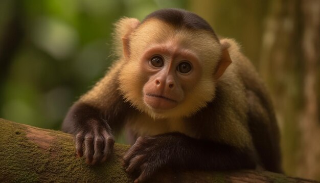 Young macaque sitting in tropical rainforest tree generated by AI