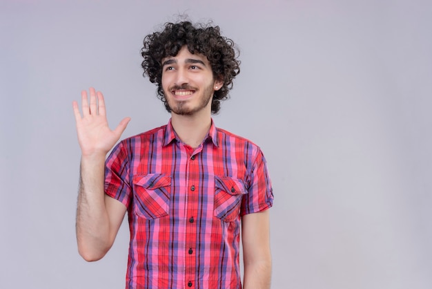 Young male curly hair isolated  colorful shirt hand up pledge gesture