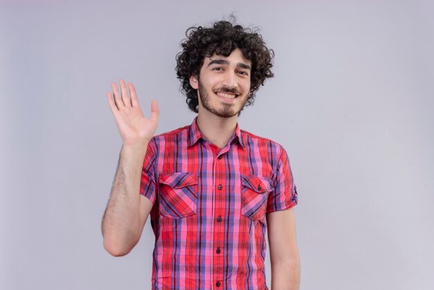 Young male curly hair isolated  colorful shirt waving