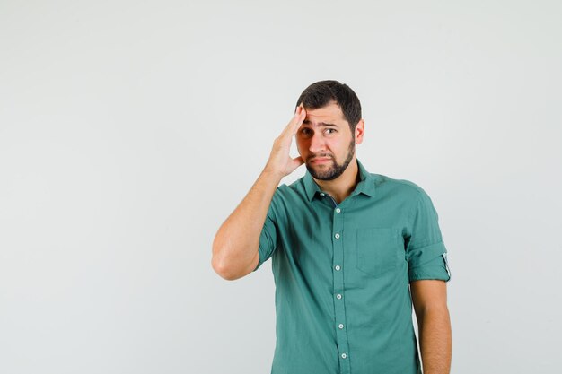 Young male in green shirt holding hands on his face and looking worried , front view.