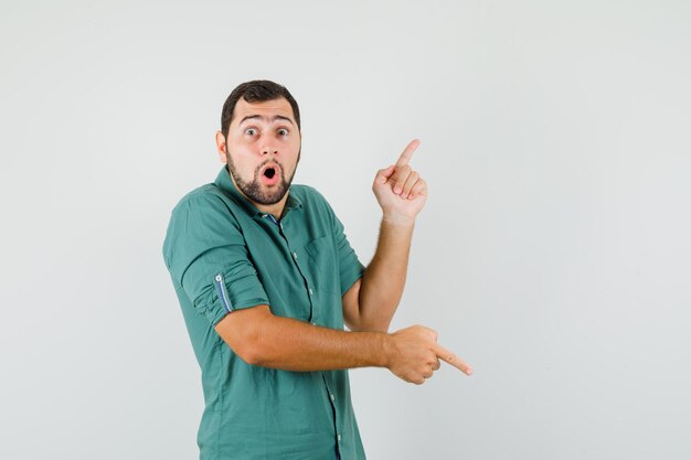 Young male in green shirt pointing up and down and looking horrified , front view.