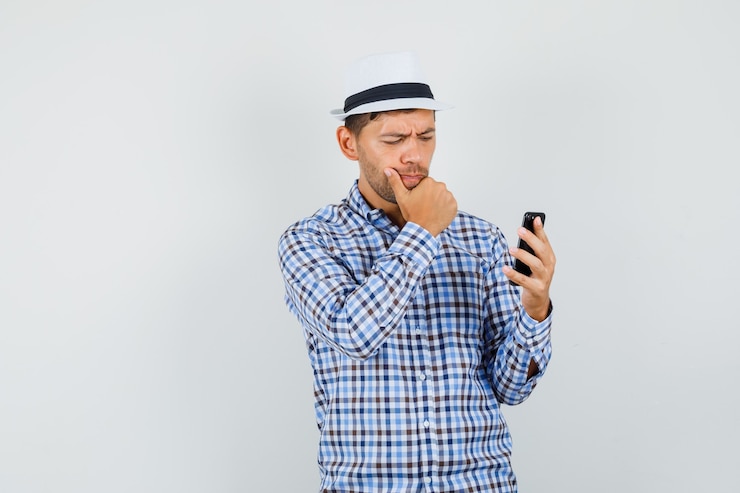 Free Photo young male looking at mobile phone in checked shirt