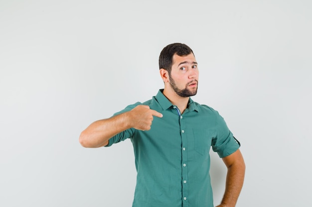 Young male pointing at himself in green shirt and looking doubtful. front view.