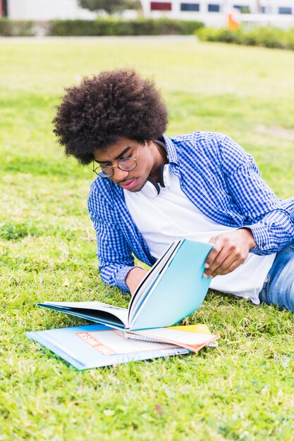 Young male student leaning on lawn reading the book