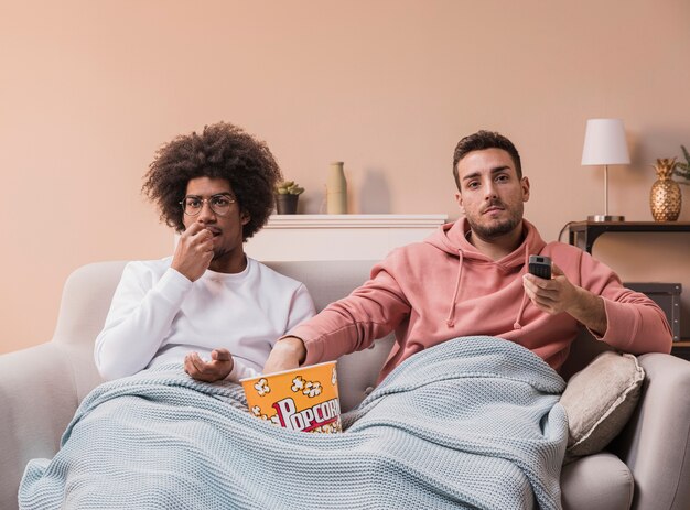 Young males at home watching movie