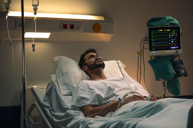 Young man being ill in a hospital bed