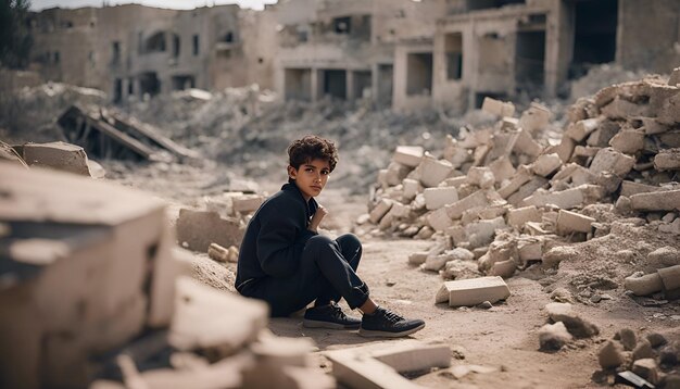 Foto gratuita un giovane con una giacca nera si siede sulle rovine di un edificio abbandonato