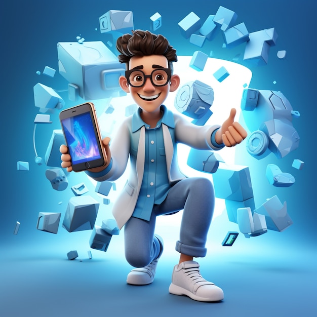 Young man cartoon character with phone