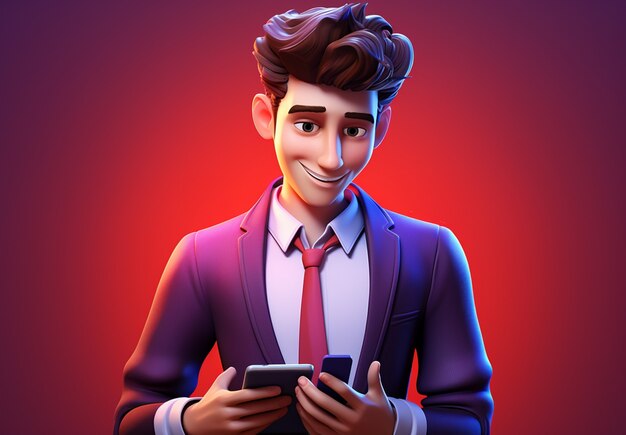 Young man cartoon character with phone