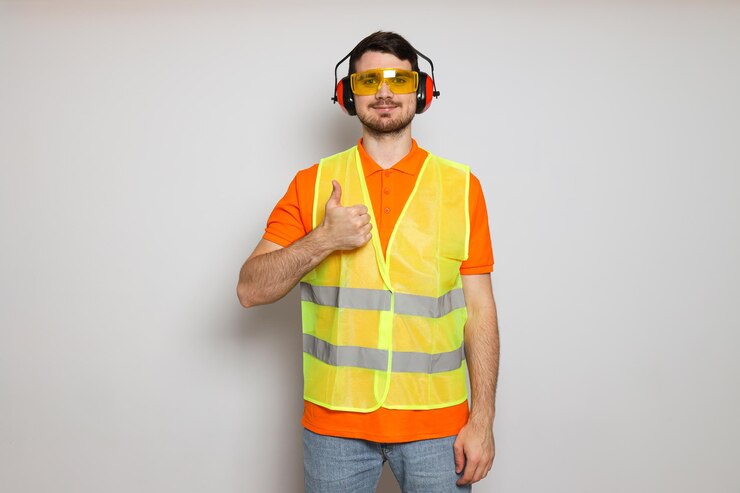 Free Photo young man civil engineer in ear protectors