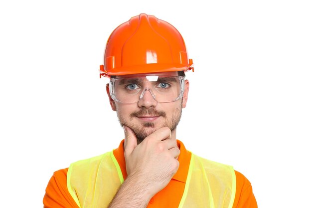 Young man civil engineer in safety hat isolated on white background