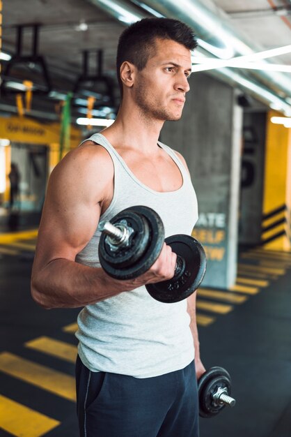 Young man doing exercise with dumbbells