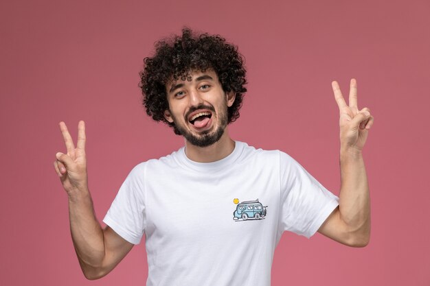 young man doing victory sign