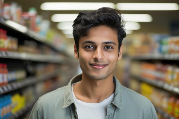 Молодой человек счастливый выражение в супермаркете ai генерируется